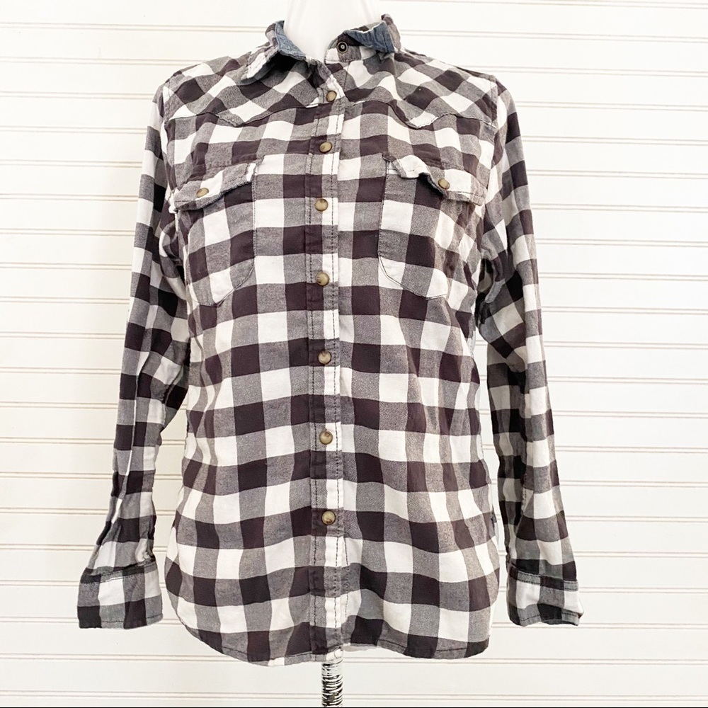 Jachs Girlfriend Button Down Shirt Small Black White Buffalo Plaid Western Snap‎
